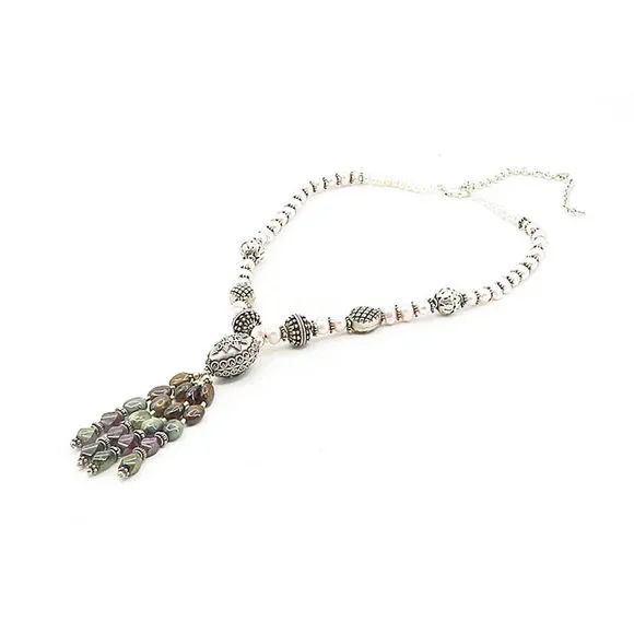 925 Sterling Silver Vintage Pearls Agate & Amethyst Chain Necklace NE1655